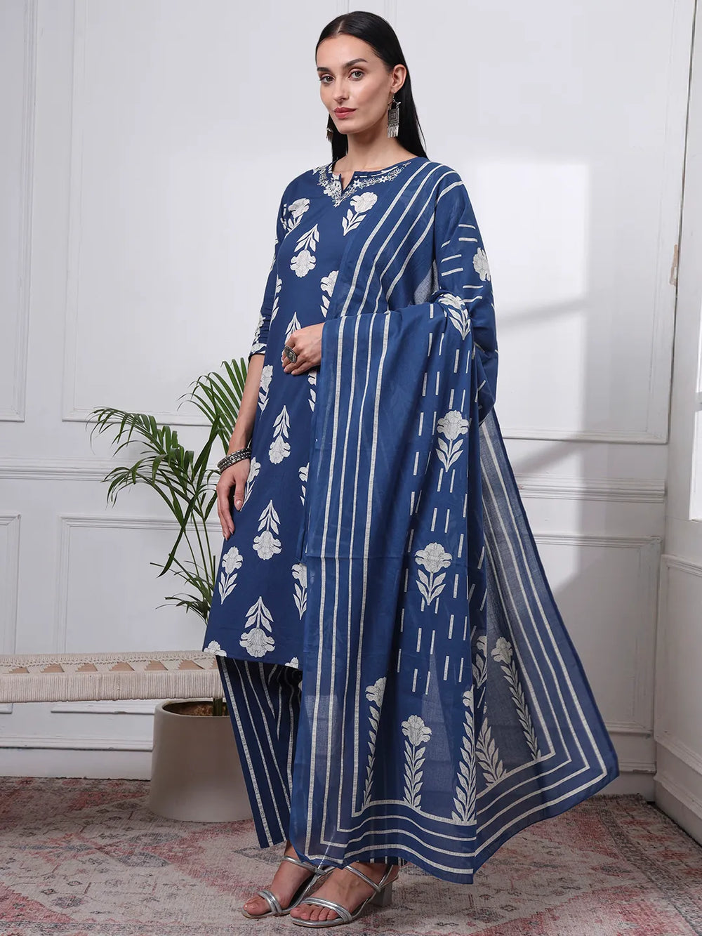 Navy Blue Pure Cotton Floral Thread Work Kurta Dupatta Pant Set-Yufta Store-6586SKDNBM