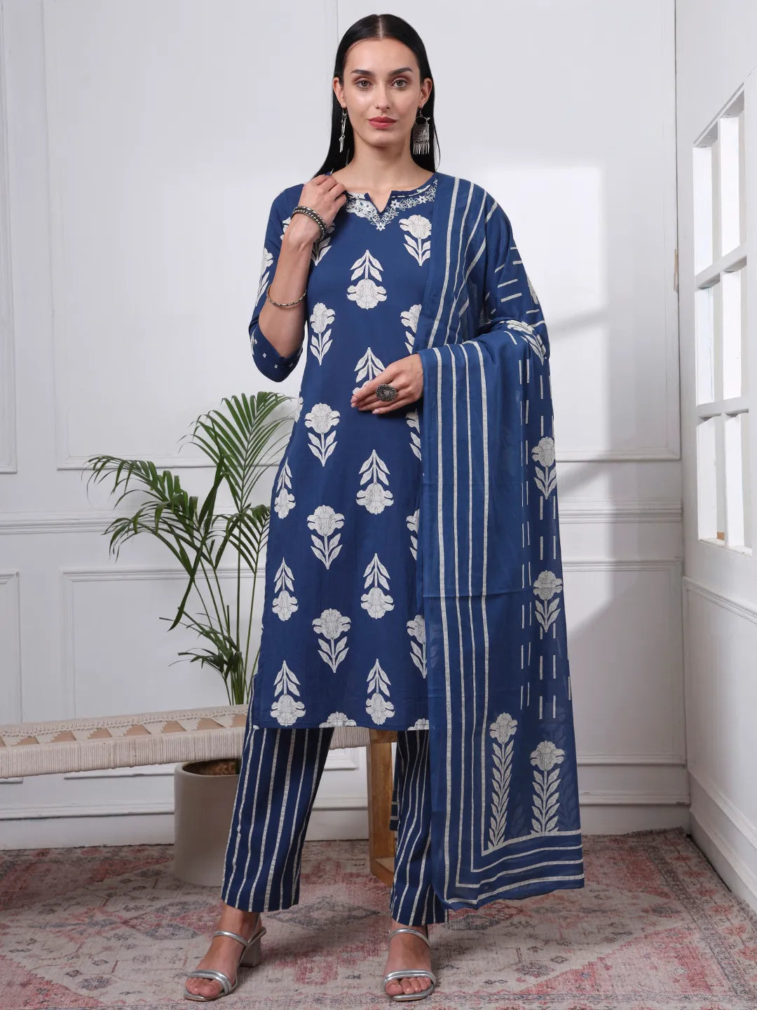 Navy Blue Pure Cotton Floral Thread Work Kurta Dupatta Pant Set-Yufta Store-6586SKDNBM