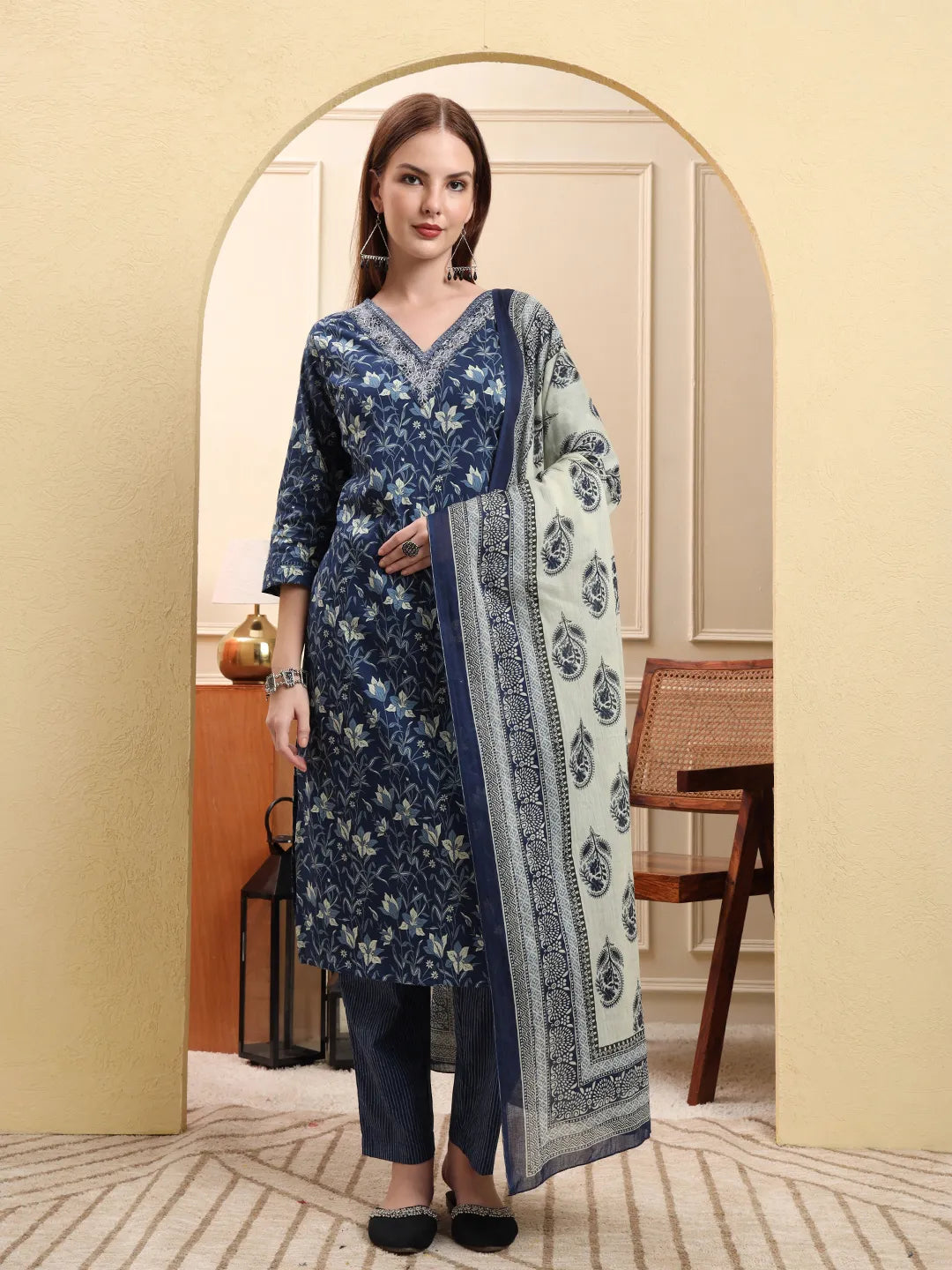 Navy Blue Pure Cotton Kurta Dupatta Pant Set-Yufta Store-6624SKDNBM