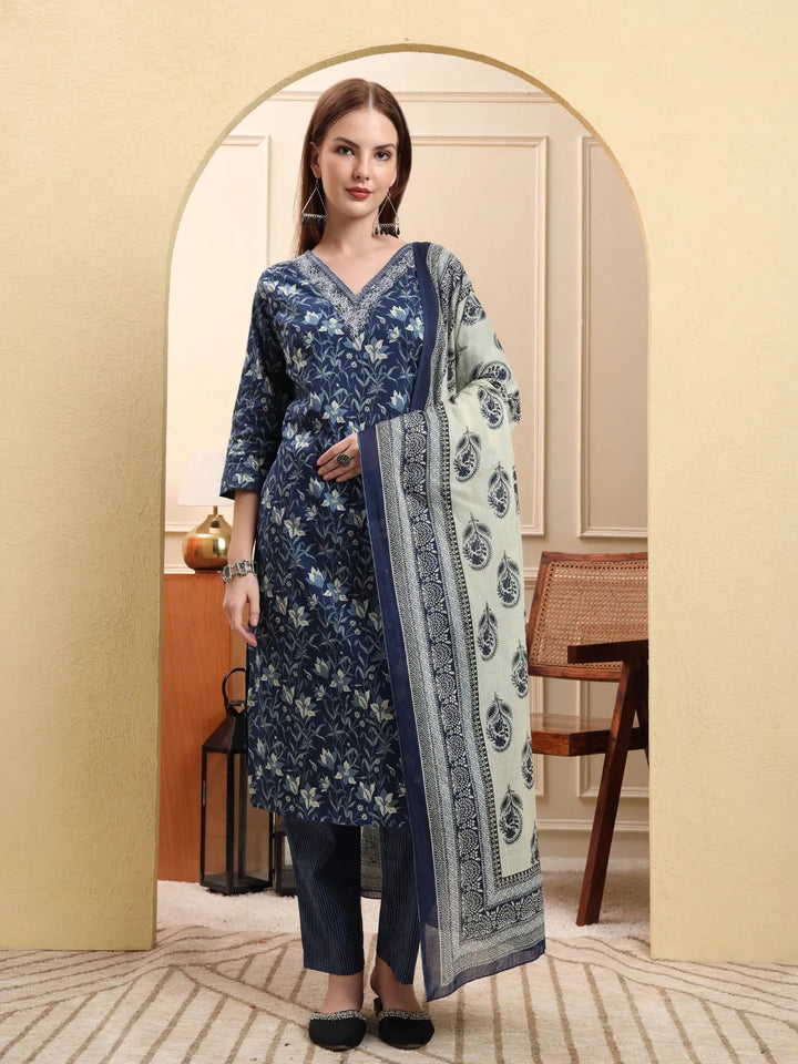 Navy Blue Pure Cotton Kurta Dupatta Pant Set-Yufta Store-6624SKDNBM