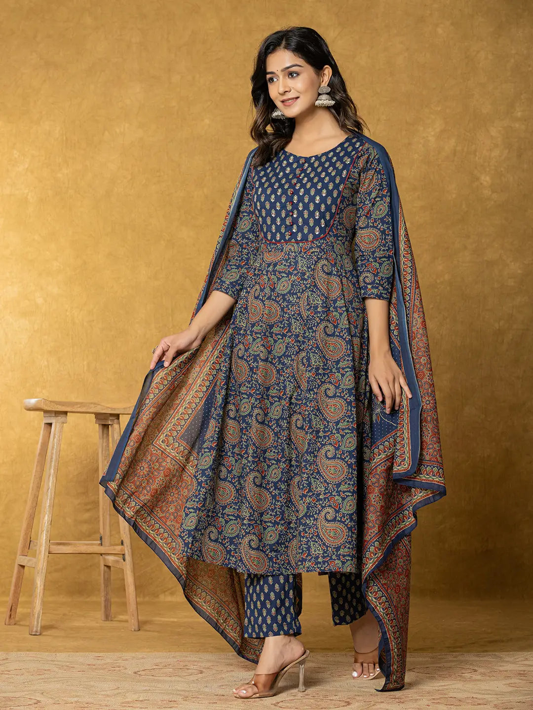 Navy Blue Sequins_Worky Cotton Anarkali Kurta Dupatta Set-Yufta Store-1932SKDNBS