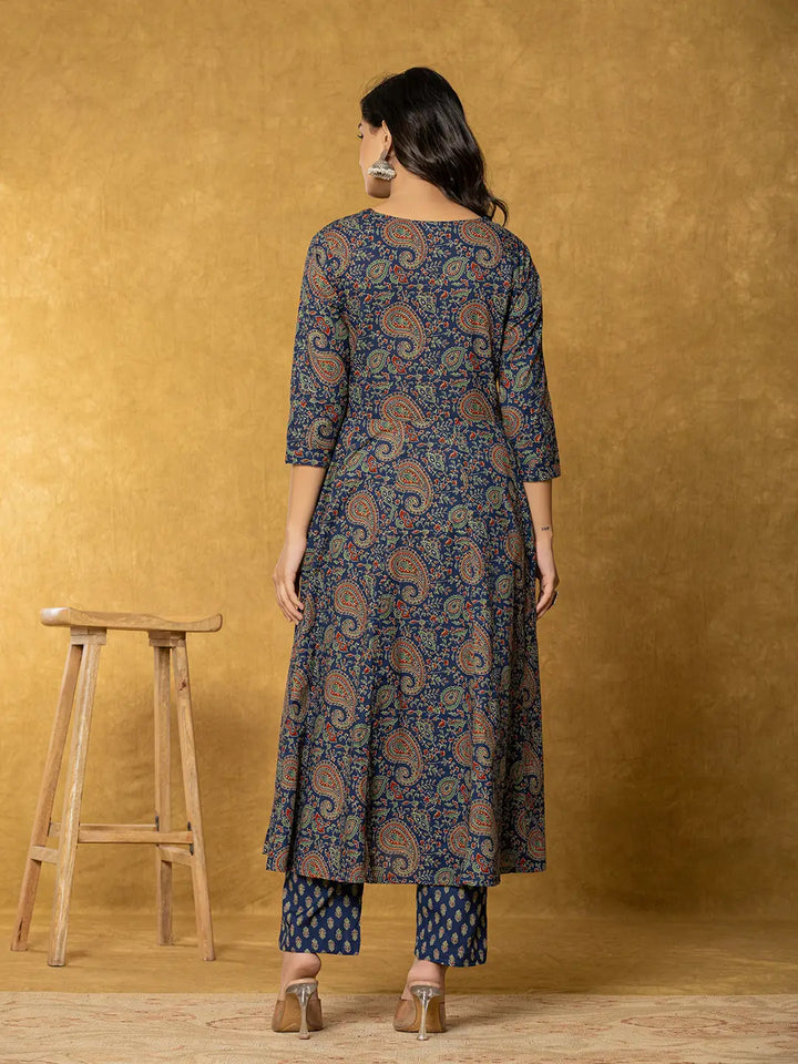 Navy Blue Sequins_Worky Cotton Anarkali Kurta Dupatta Set-Yufta Store-1932SKDNBS