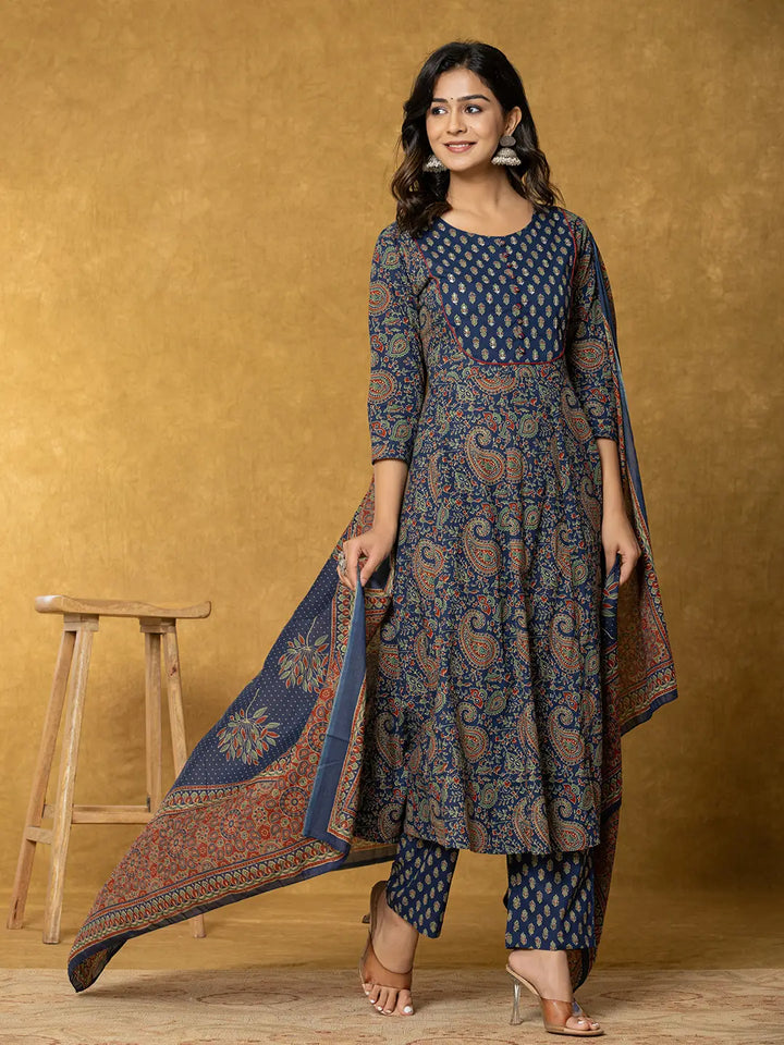 Navy Blue Sequins_Worky Cotton Anarkali Kurta Dupatta Set-Yufta Store-1932SKDNBS