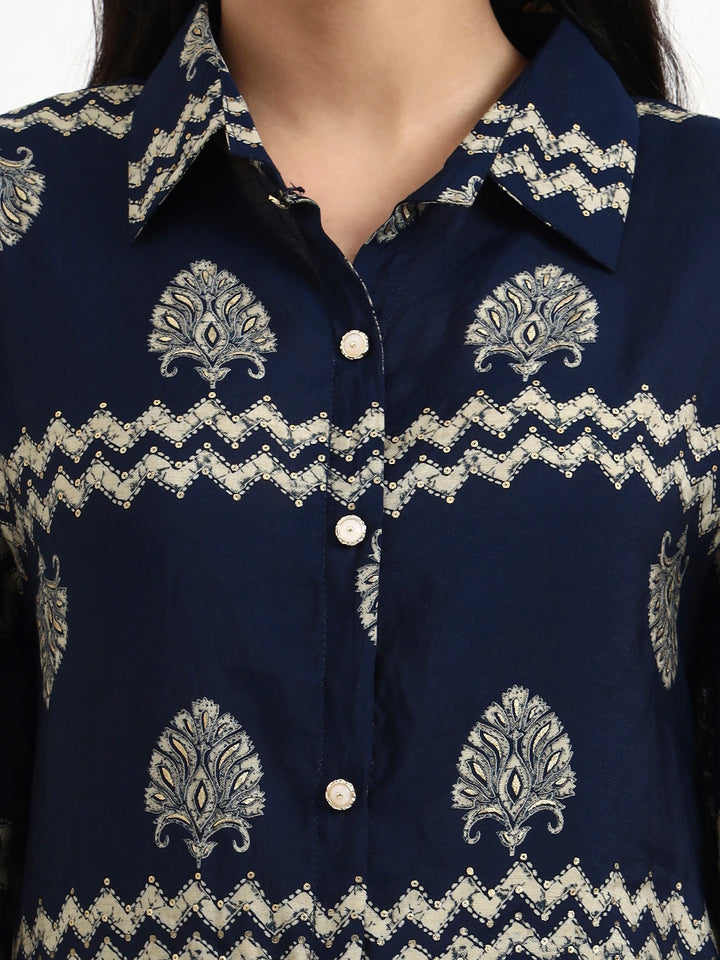 Navy Blue Silk Blend Kaftan Top