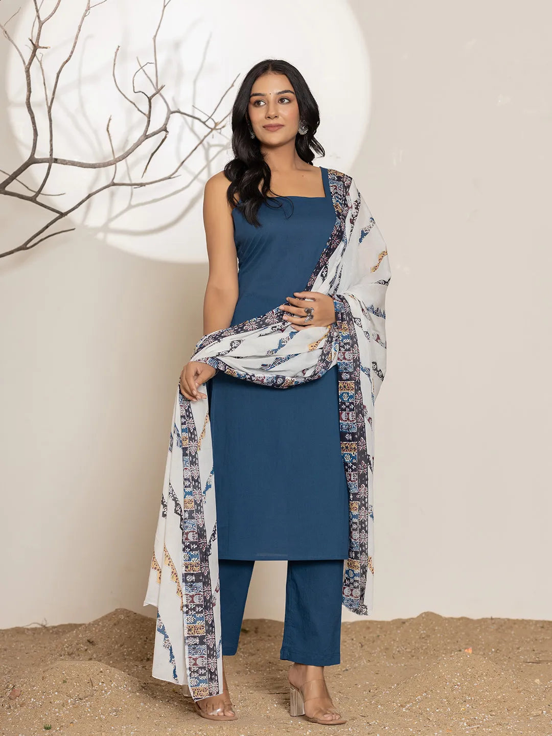 Navy Blue Solid Cotton Straight Kurta Dupatta Set-Yufta Store-6958SKDNBS