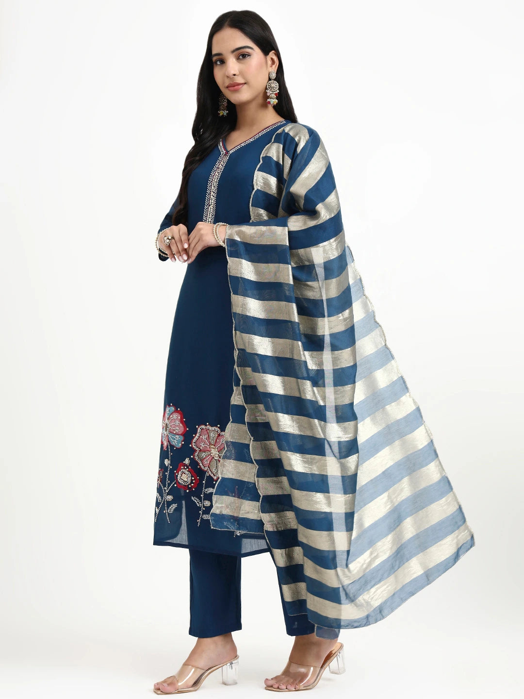 Navy Blue Solid Straight Style Chanderi Silk Lining Kurta Trouser Dupatta Set