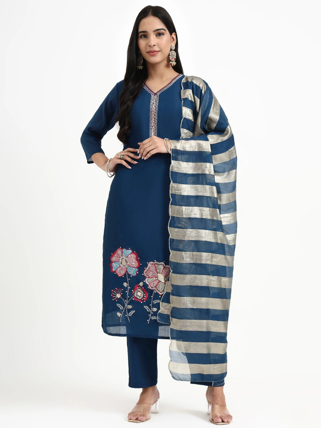 Navy Blue Solid Straight Style Chanderi Silk Lining Kurta Trouser Dupatta Set