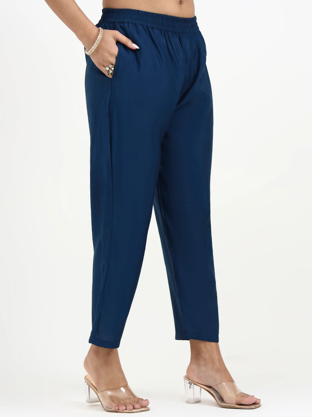 Navy Blue Solid Straight Style Chanderi Silk Lining Kurta Trouser Dupatta Set