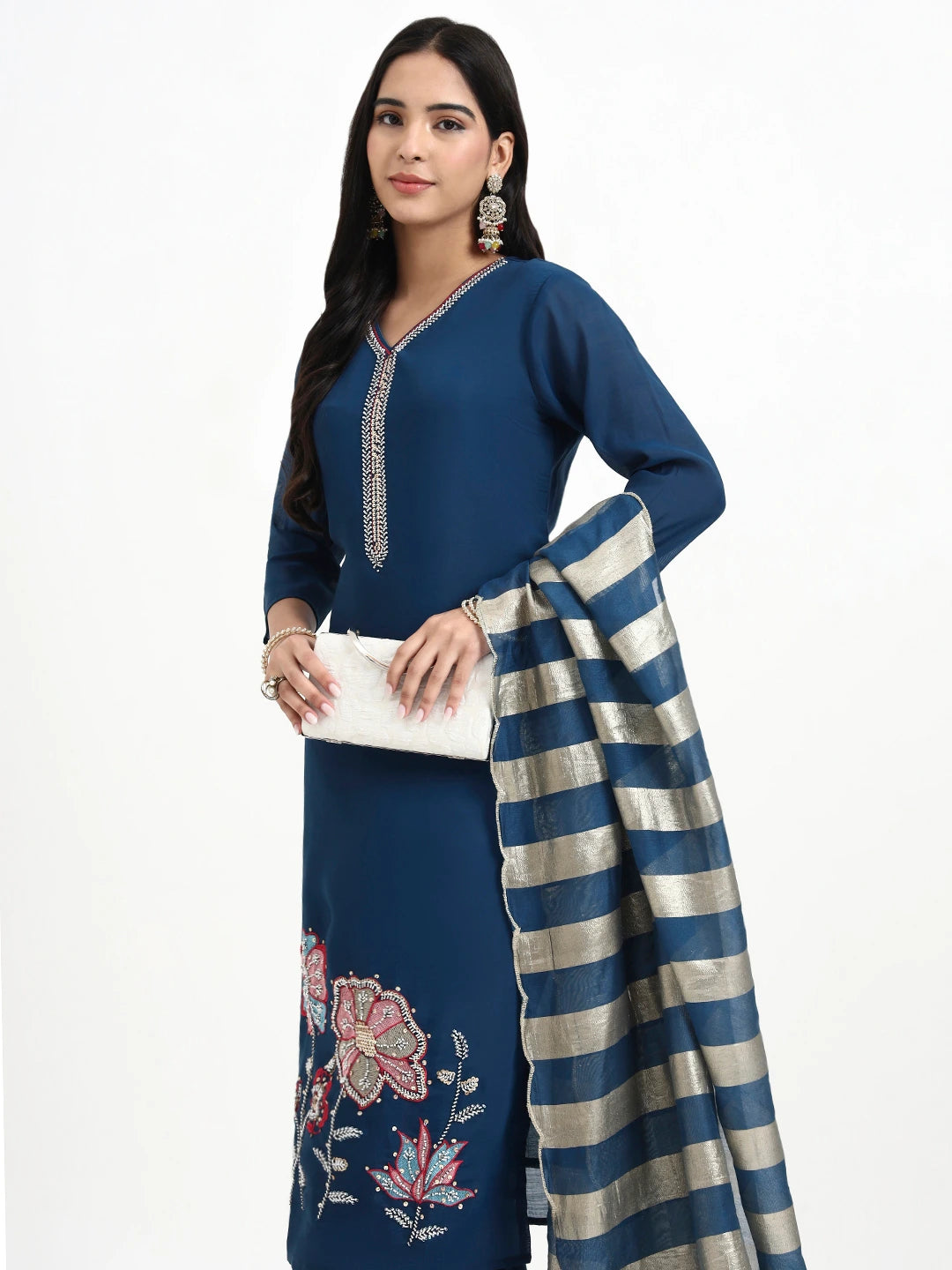 Navy Blue Solid Straight Style Chanderi Silk Lining Kurta Trouser Dupatta Set