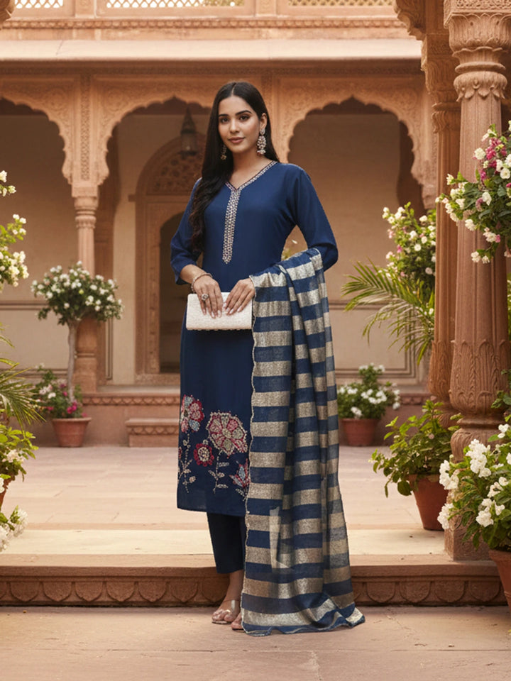 Navy Blue Solid Straight Style Chanderi Silk Lining Kurta Trouser Dupatta Set