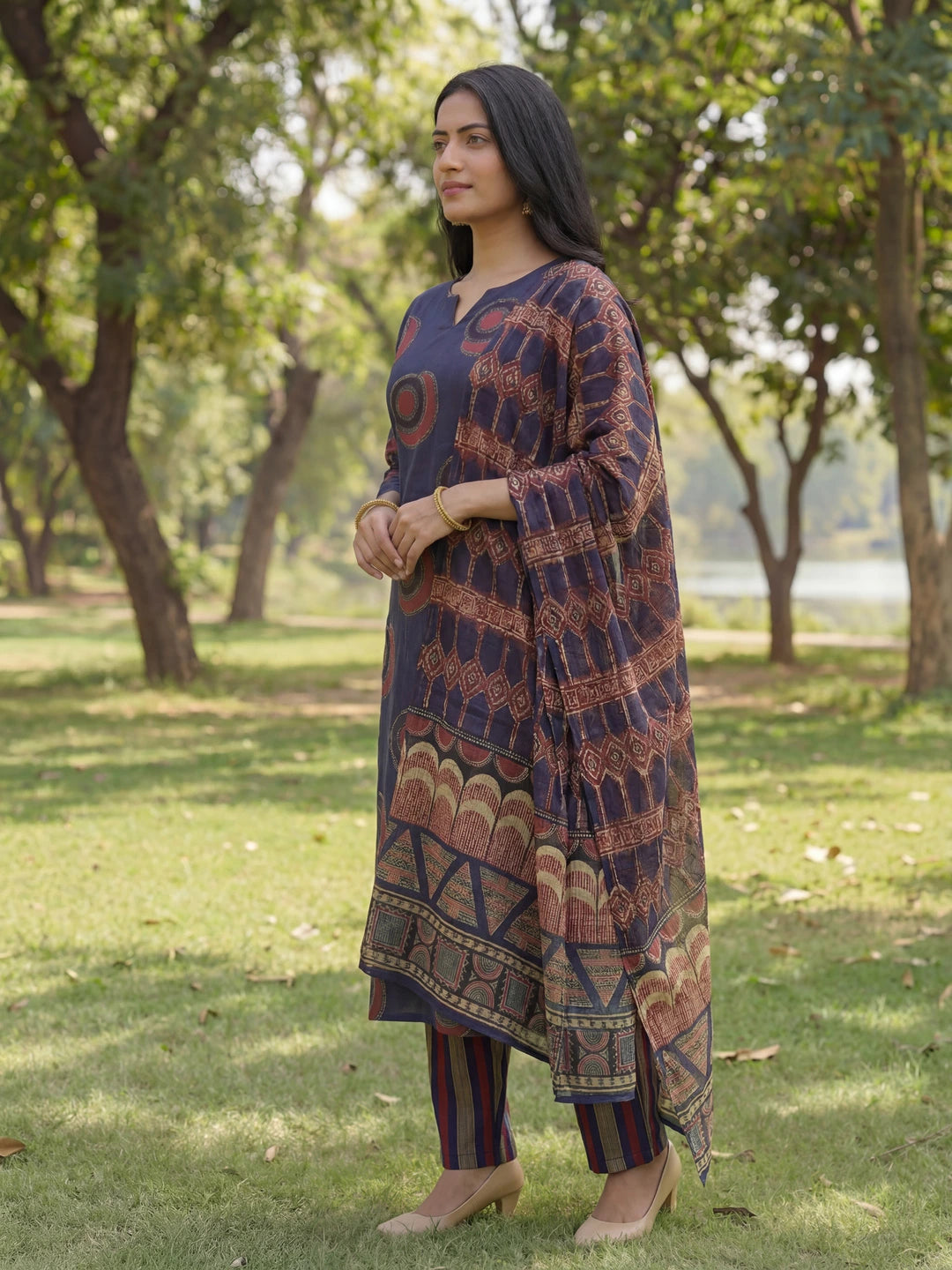 Navy Blue Straight Ethnic Motifs Print Kurta Trouser Dupatta Set-Yufta Store-7675SKDNBM