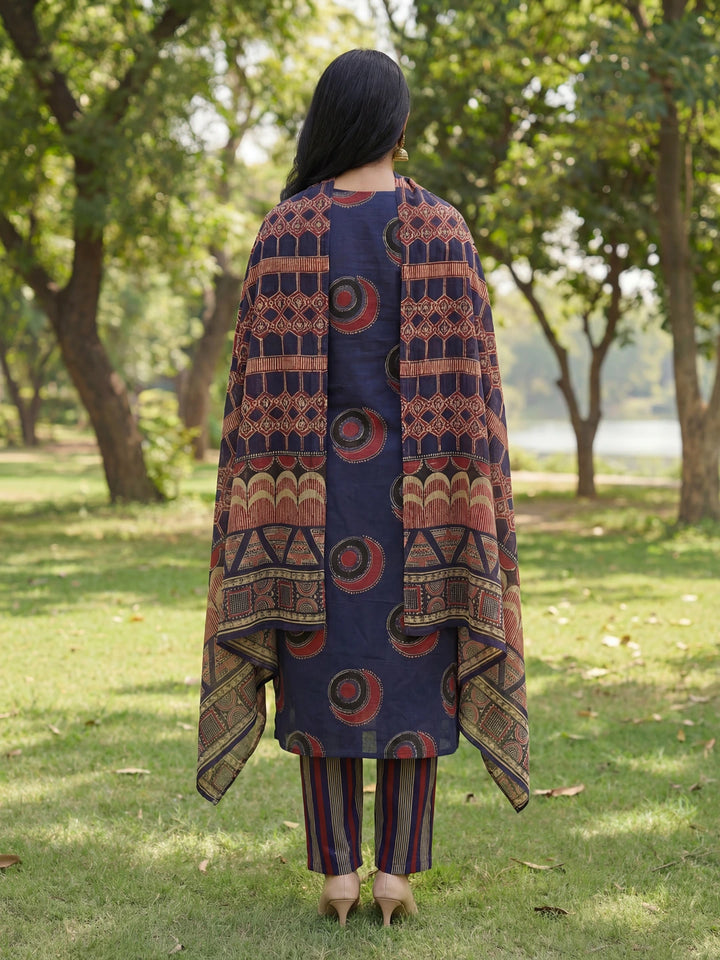Navy Blue Straight Ethnic Motifs Print Kurta Trouser Dupatta Set-Yufta Store-7675SKDNBM