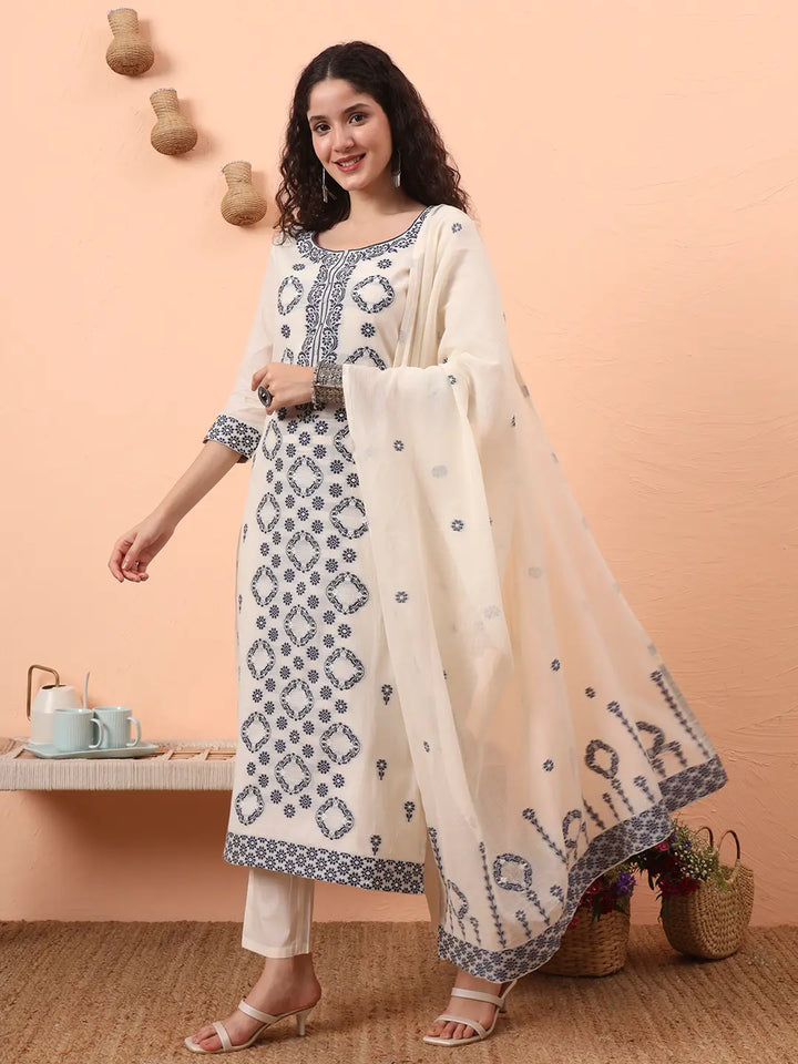 Off-White Handloom Cotton Kurta Dupatta Pant Set With Cotton Mal Lining-Yufta Store-6336SKDWHM