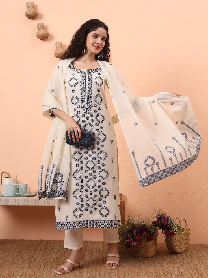 Off-White Handloom Cotton Kurta Dupatta Pant Set With Cotton Mal Lining-Yufta Store-6336SKDWHM