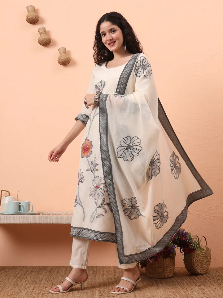 Off-White Handloom Cotton Weaved Kurta Dupatta Pant Set With Cotton Mal Lining-Yufta Store-6331SKDWHM