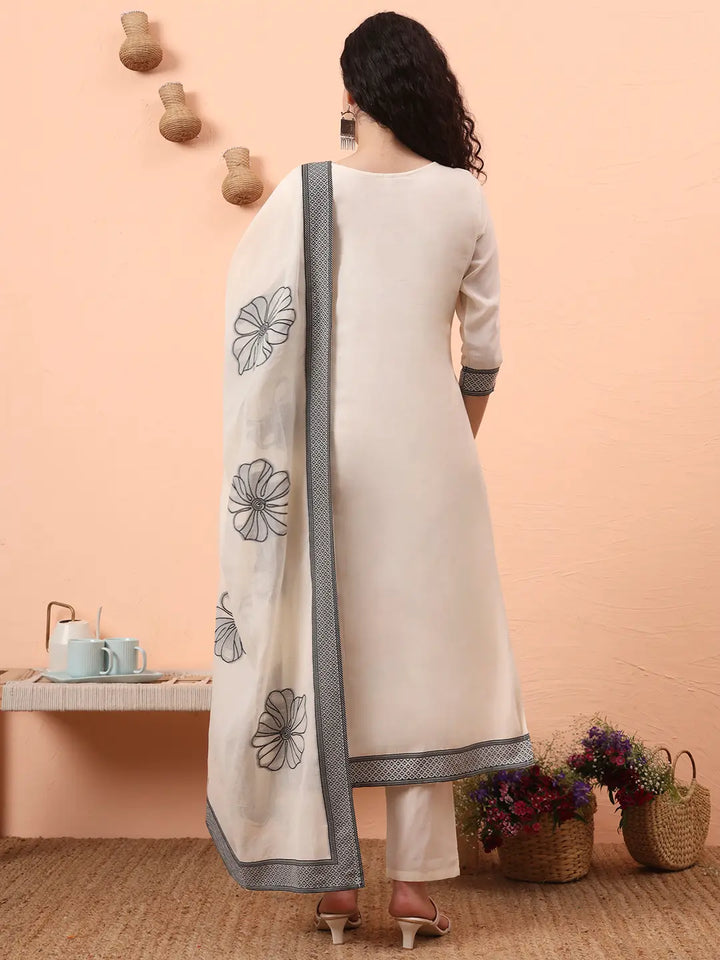 Off-White Handloom Cotton Weaved Kurta Dupatta Pant Set With Cotton Mal Lining-Yufta Store-6331SKDWHM