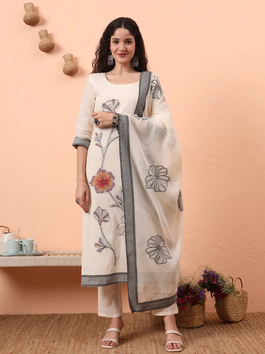 Off-White Handloom Cotton Weaved Kurta Dupatta Pant Set With Cotton Mal Lining-Yufta Store-6331SKDWHM