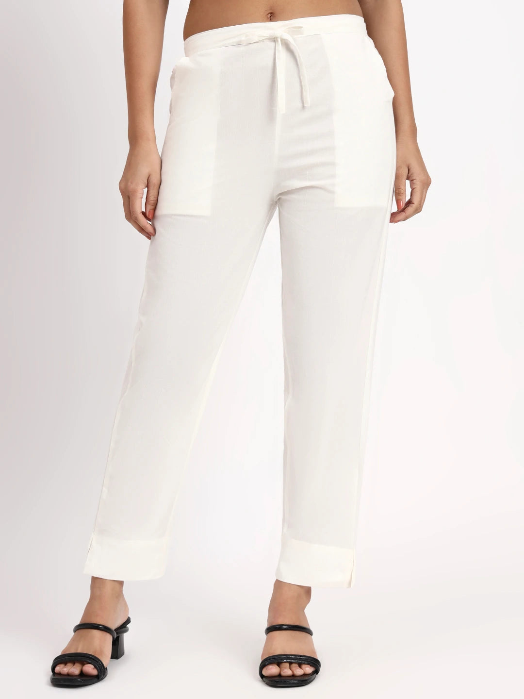 Off White Mid-Rise Ankle-Length Regular Fit Poplin Pants