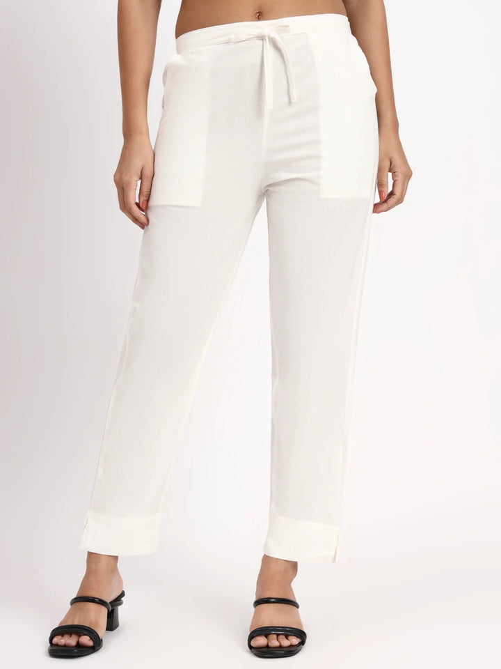 Off White Mid-Rise Ankle-Length Regular Fit Poplin Pants