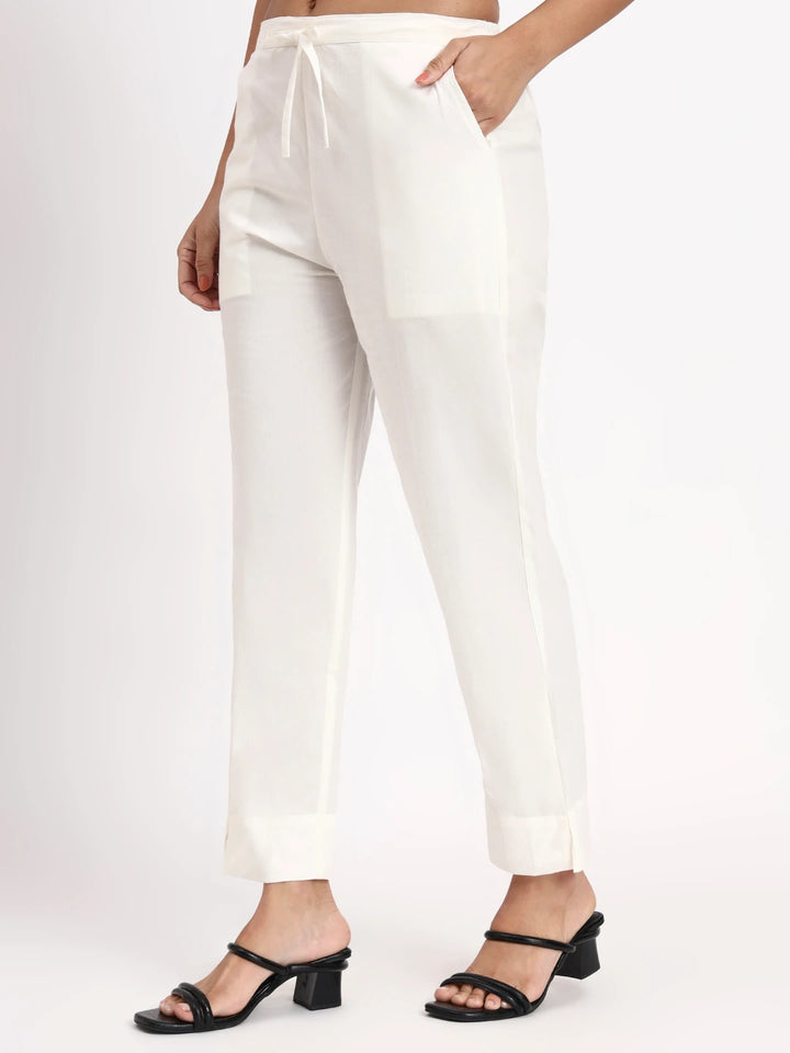 Off White Mid-Rise Ankle-Length Regular Fit Poplin Pants