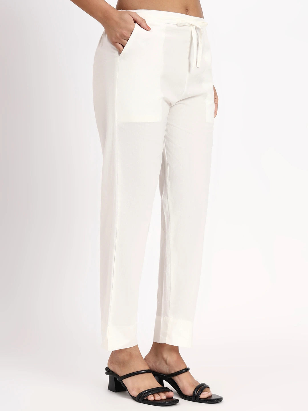 Off White Mid-Rise Ankle-Length Regular Fit Poplin Pants