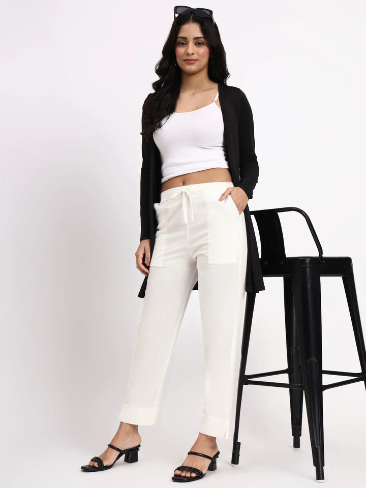 Off White Mid-Rise Ankle-Length Regular Fit Poplin Pants