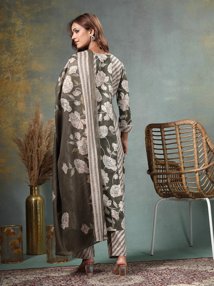 Olive Floral Print Anarkali Silk Blend Kalidaar Kurta Trouser Dupatta Set