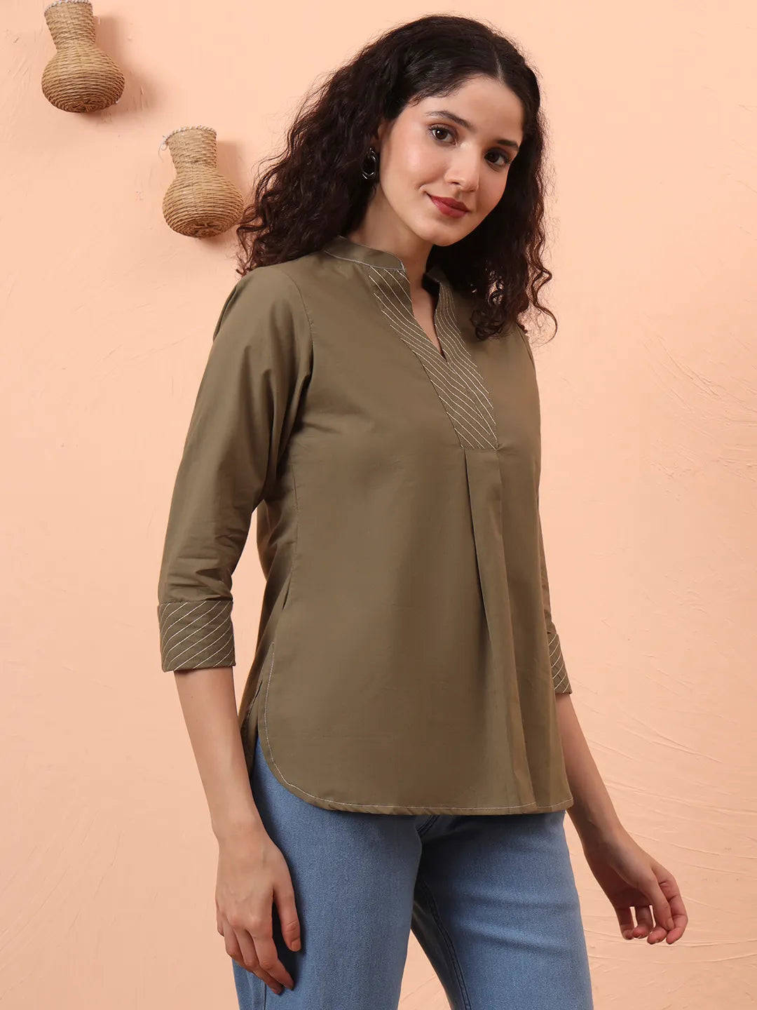 Olive Green Cotton Regular Top-Yufta Store-6342TOPOLS
