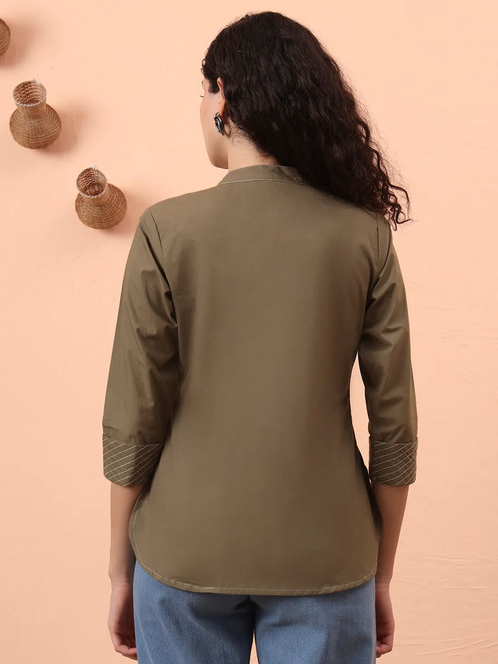 Olive Green Cotton Regular Top-Yufta Store-6342TOPOLS