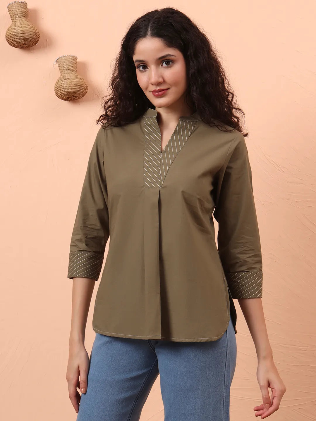 Olive Green Cotton Regular Top-Yufta Store-6342TOPOLS