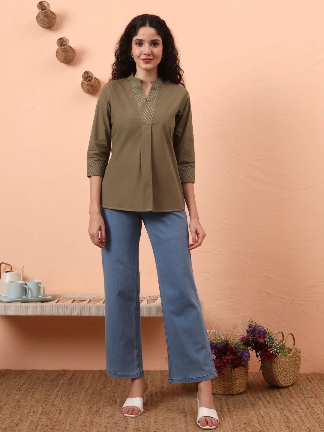 Olive Green Cotton Regular Top-Yufta Store-6342TOPOLS