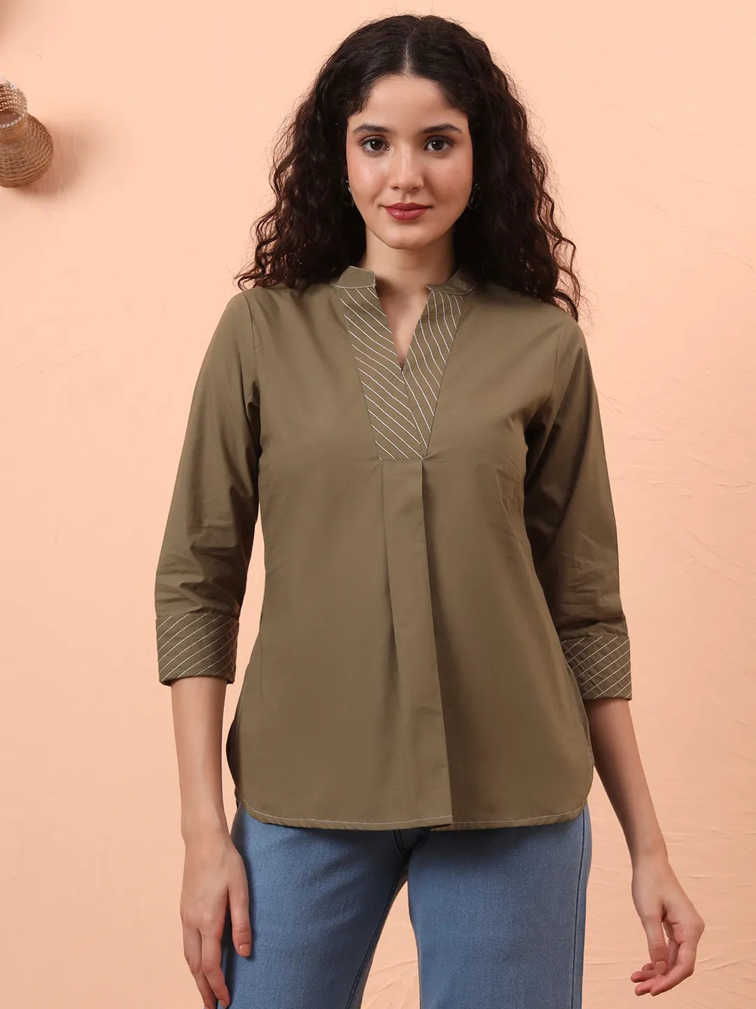 Olive Green Cotton Regular Top-Yufta Store-6342TOPOLS