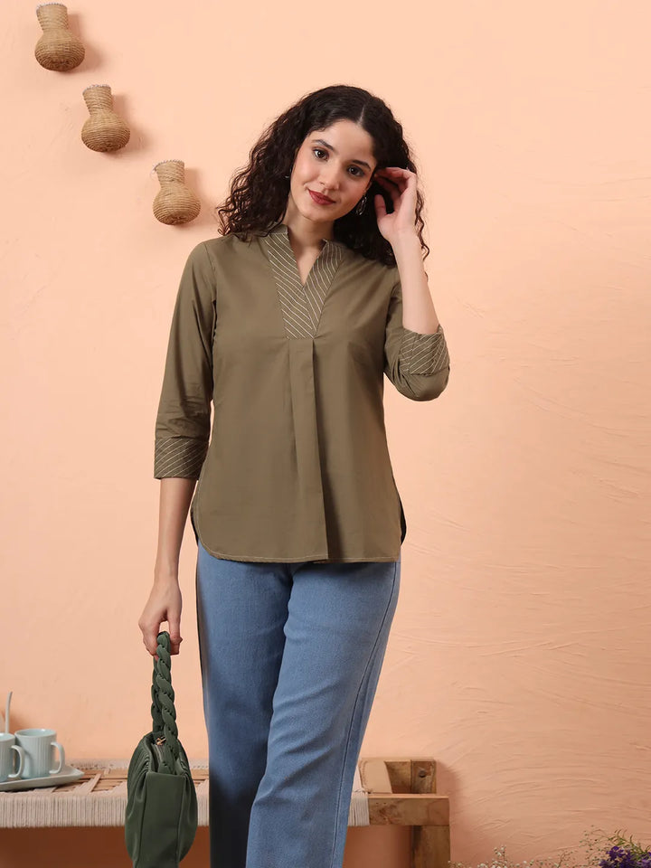 Olive Green Cotton Regular Top-Yufta Store-6342TOPOLS
