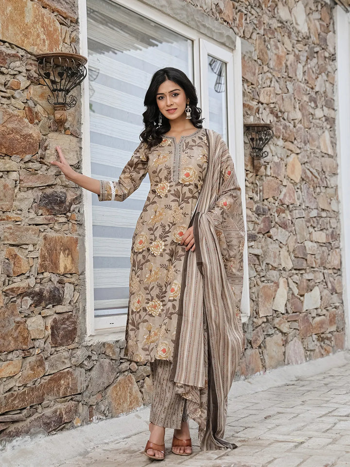 Olive Green Cotton Straight Kurta Set With Handwork-Yufta Store-1838SKDOLM