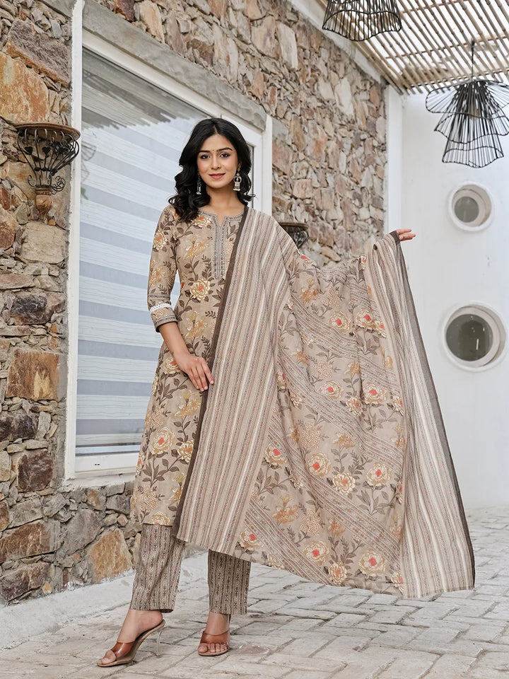 Olive Green Cotton Straight Kurta Set With Handwork-Yufta Store-1838SKDOLM