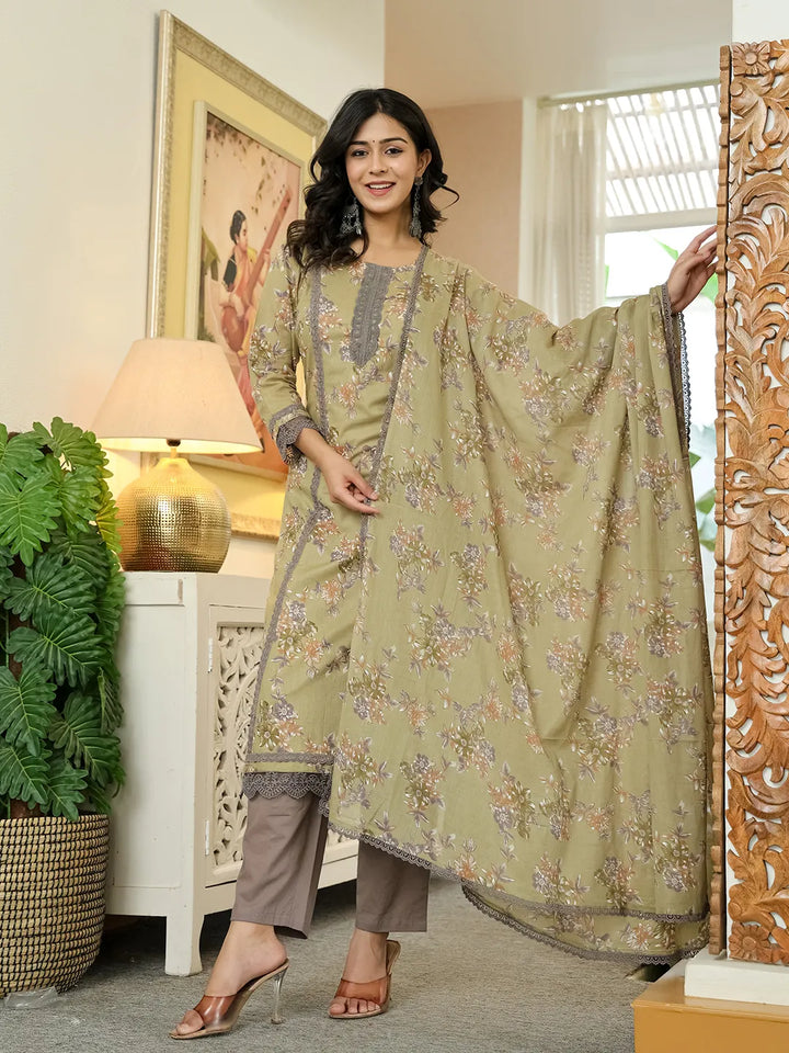 Olive Green Cotton Straight Lace Work Kurta Dupatta Set