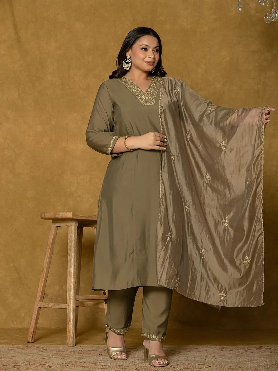 Olive Green Silk Embroidered Plus Size Kurta Dupatta Set-Yufta Store-7175PSKDOL3XL