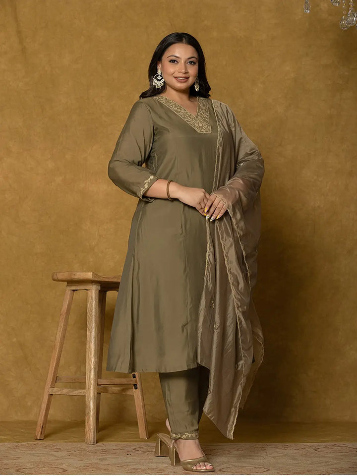 Olive Green Silk Embroidered Plus Size Kurta Dupatta Set-Yufta Store-7175PSKDOL3XL