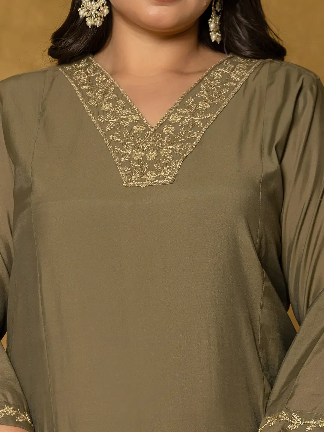 Olive Green Silk Embroidered Plus Size Kurta Dupatta Set-Yufta Store-7175PSKDOL3XL