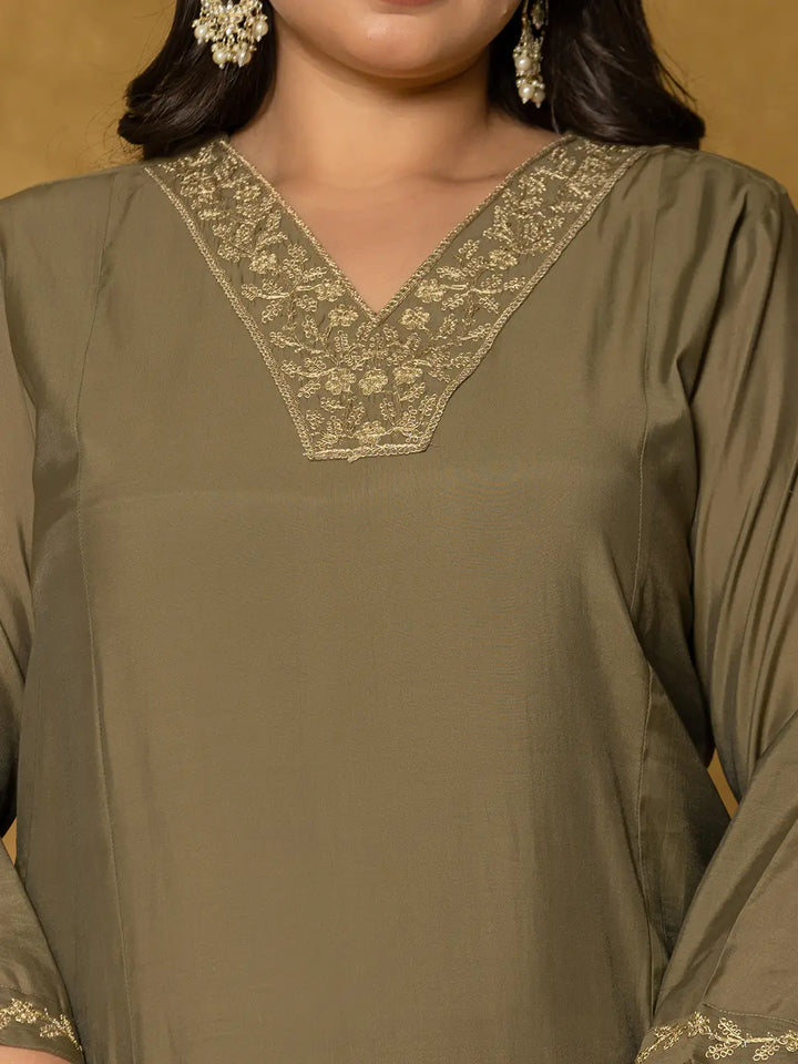 Olive Green Silk Embroidered Plus Size Kurta Dupatta Set-Yufta Store-7175PSKDOL3XL