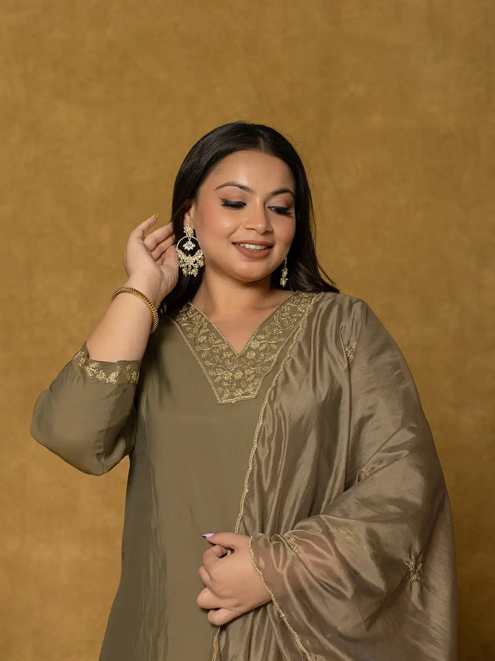 Olive Green Silk Embroidered Plus Size Kurta Dupatta Set-Yufta Store-7175PSKDOL3XL