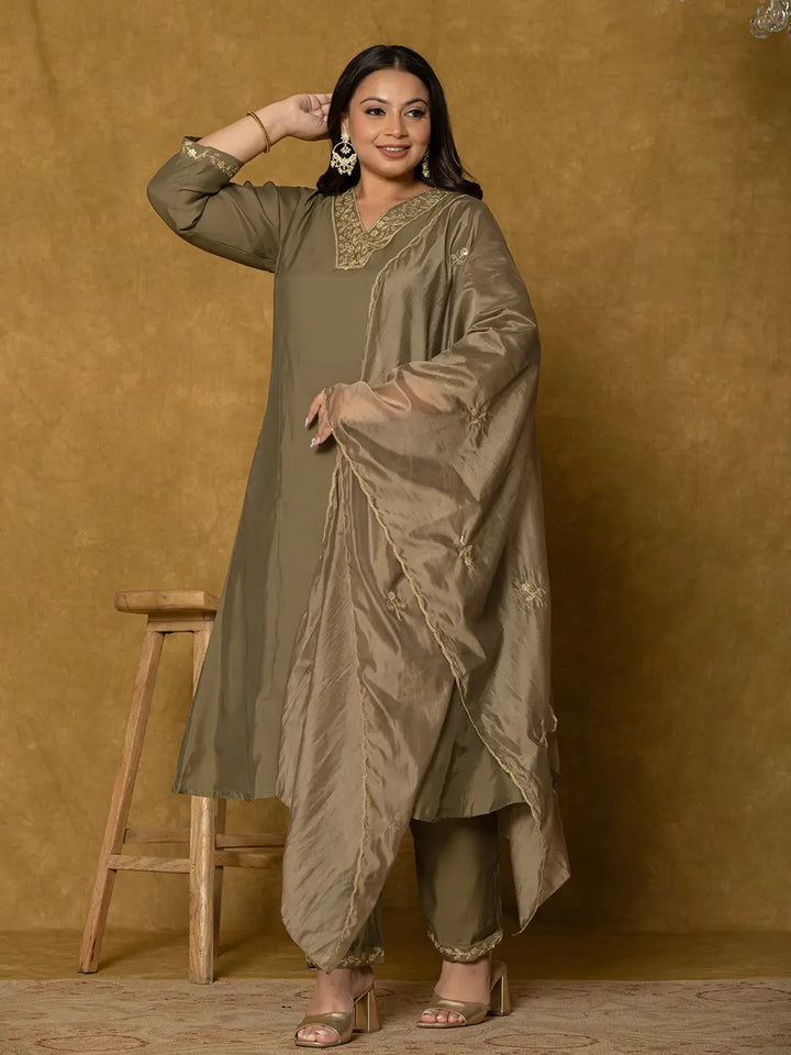 Olive Green Silk Embroidered Plus Size Kurta Dupatta Set-Yufta Store-7175PSKDOL3XL