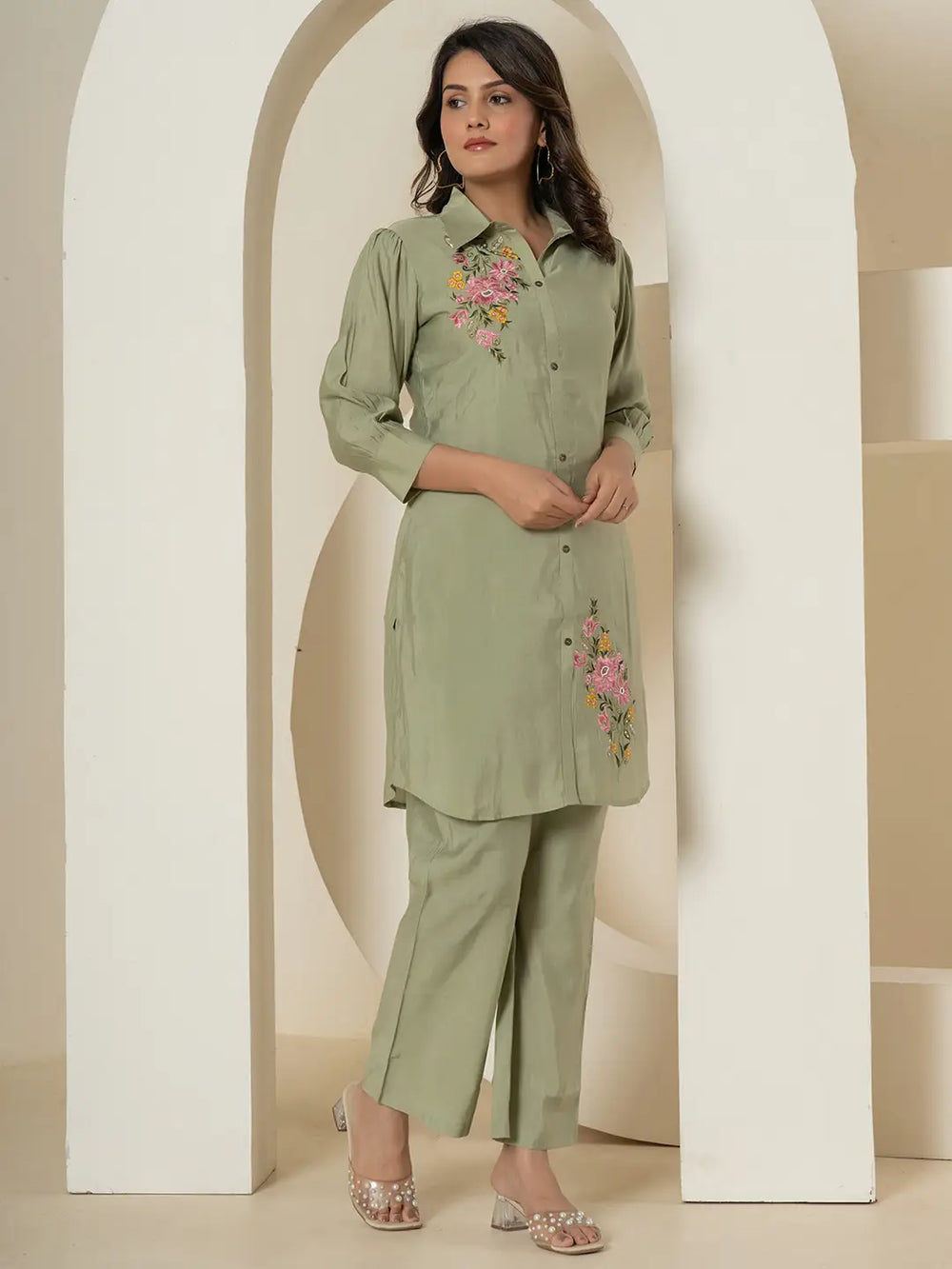 Olive Thread_Work Shirt And Trouser Polyester Co-Ord Set-Yufta Store-7285CRDOLS