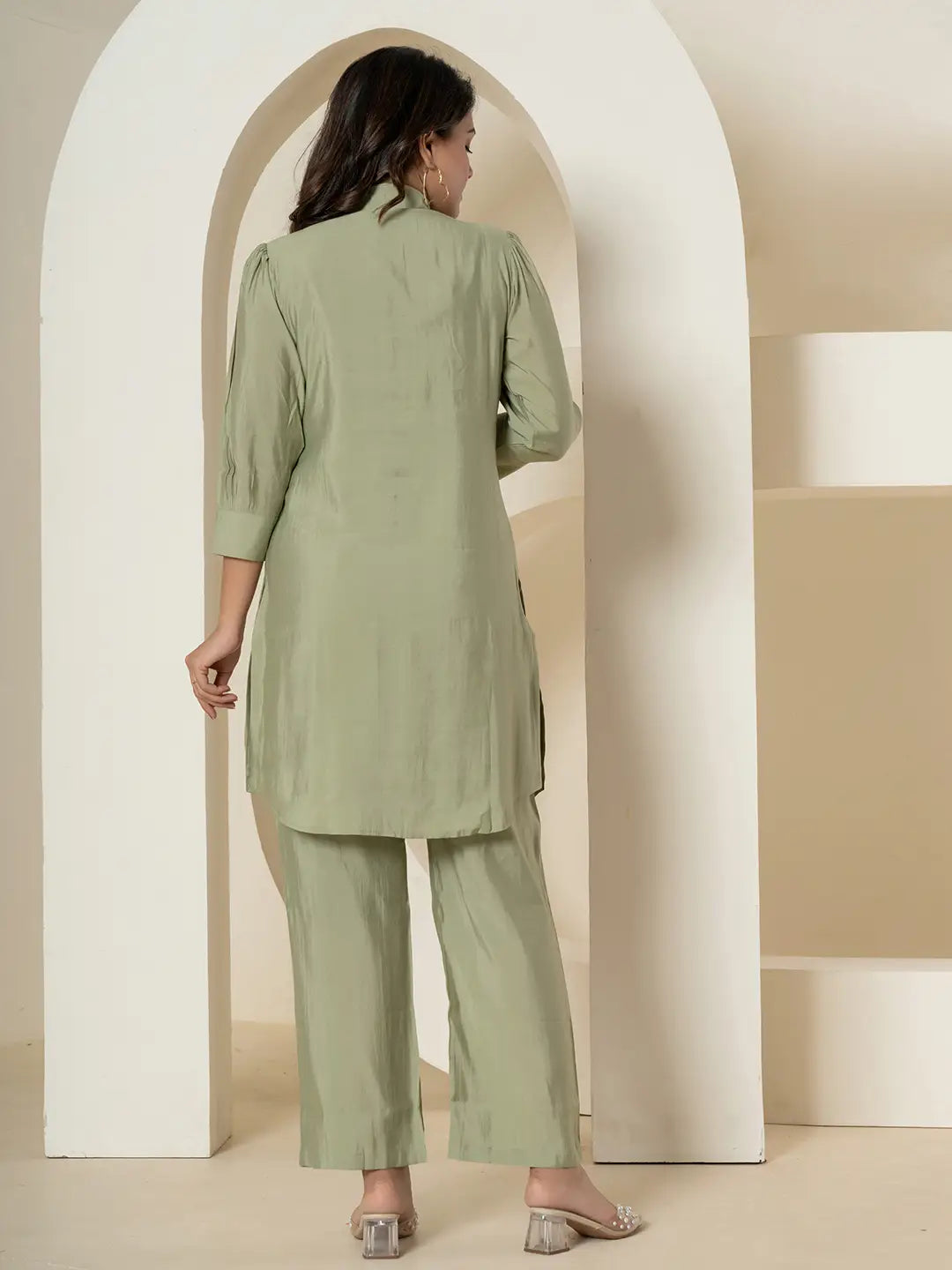 Olive Thread_Work Shirt And Trouser Polyester Co-Ord Set-Yufta Store-7285CRDOLS