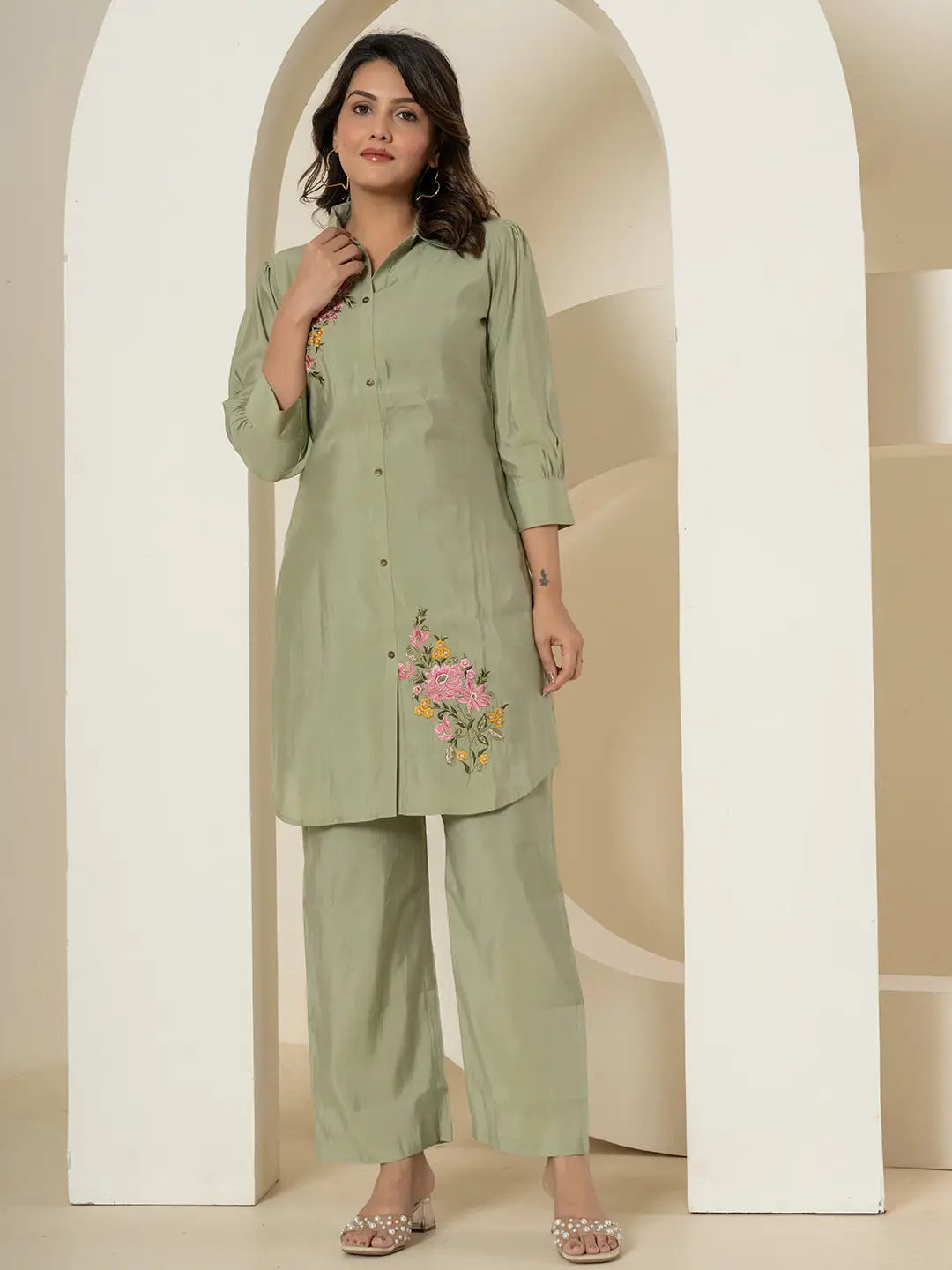 Olive Thread_Work Shirt And Trouser Polyester Co-Ord Set-Yufta Store-7285CRDOLS