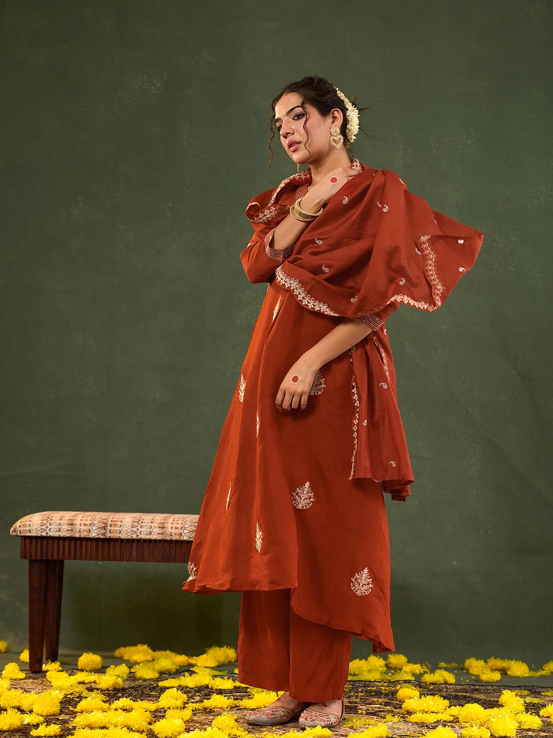 Orange Mul Chanderi A-Line Kurta Trouser Set-Yufta Store-6678SKDORM