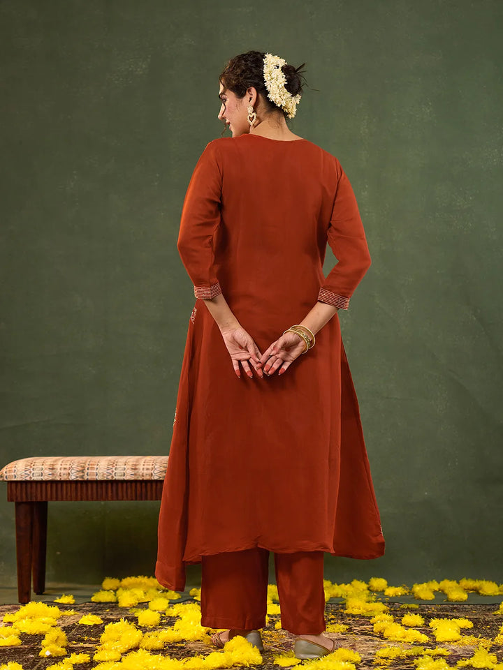 Orange Mul Chanderi A-Line Kurta Trouser Set-Yufta Store-6678SKDORM