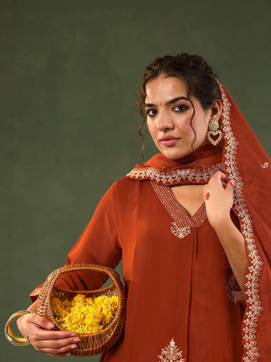 Orange Mul Chanderi A-Line Kurta Trouser Set-Yufta Store-6678SKDORM