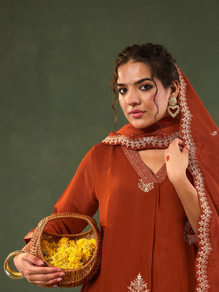 Orange Mul Chanderi A-Line Kurta Trouser Set-Yufta Store-6678SKDORM