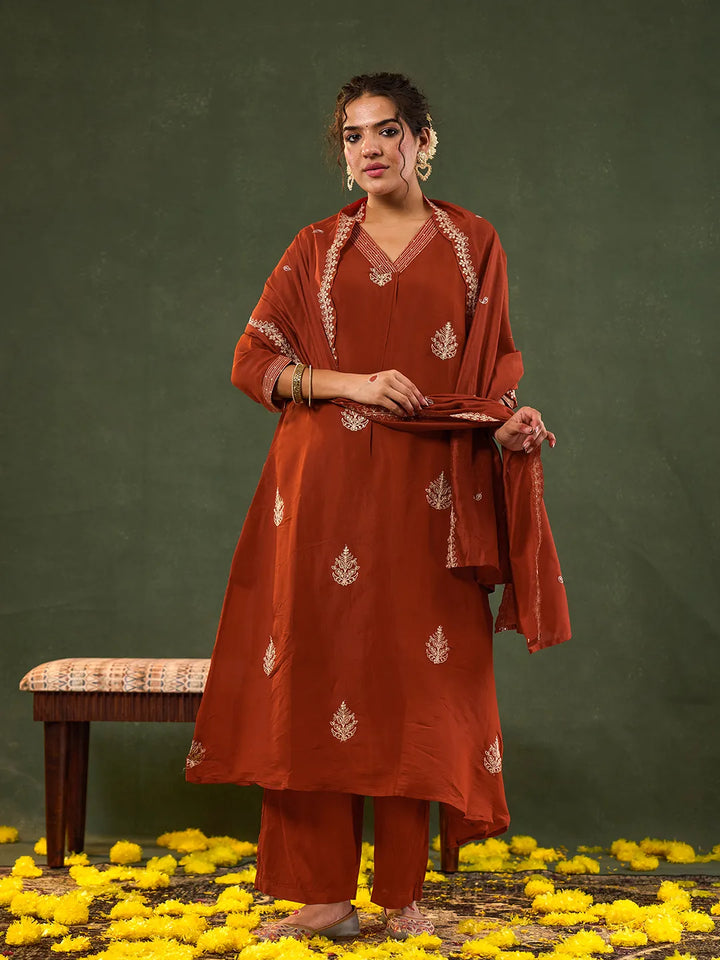 Orange Mul Chanderi A-Line Kurta Trouser Set-Yufta Store-6678SKDORM